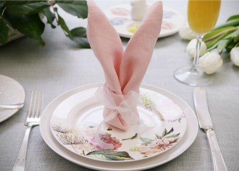 bunny-napkin-on-plate-video-by-allrecipes-650x465 Folding Napkins Into Bunnies, Easter Table Napkins, Kids Easter Table Setting, Easter Buffet Table, Easter Table Decorations Centerpieces, Easter Napkin Folding, Napkins Ideas, Easter Tables, Bunny Napkin Fold