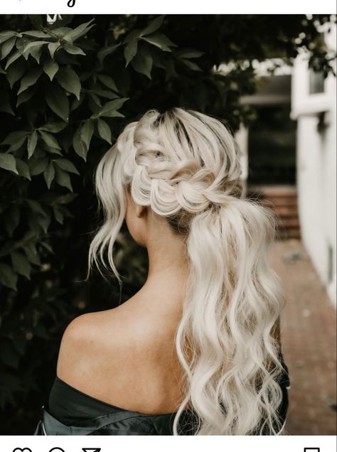 Hair Looks For Prom Ponytail, Wedding Bridal Hair Ponytail, Long Pony Updo Wedding, Boho High Ponytail Wedding, Updo Hairstyles For Prom Ponytail, Big Braid Bridesmaid Hair, Prom Hair Updo Ponytail Braided Pony, Braid With Low Ponytail, Braided Ponytail Hairstyles For Prom