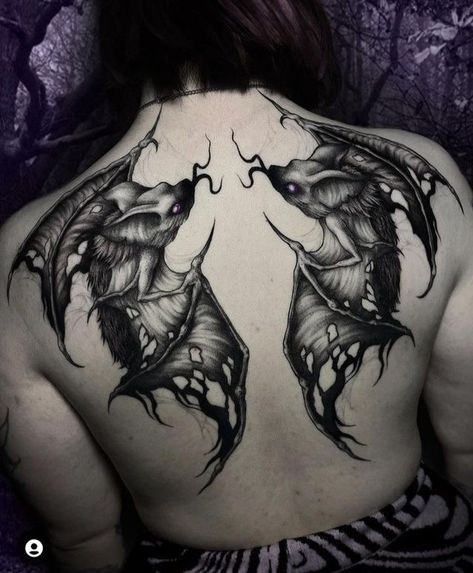 Dark Gothic Sleeve Tattoo, Gothic Inner Arm Tattoo, Creepy Back Tattoos, Spooky Spine Tattoo, Goth Wings Tattoo, Gothic Back Tattoos For Women, Back Tattoo Goth, Bat Wings Back Tattoo, Gothic Sleeve Tattoos For Women