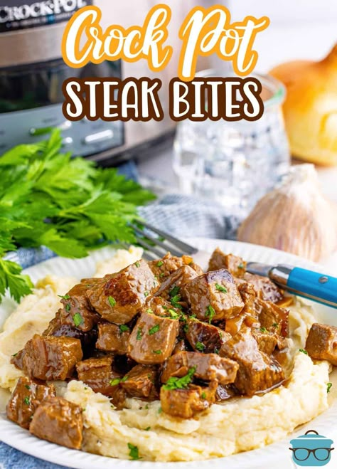 A fix-it and forget-it meal, these Slow Cooker Garlic Butter Steak Bites are so tender, juicy and packed full of garlic butter flavor! Crock Pot Steak Bites, Garlic Butter Steak Bites, Butter Steak Bites, Slow Cooker Steak, Crockpot Steak, Steak Bites Recipe, Beef Meals, Vegetarian Crockpot Recipes, Butter Steak