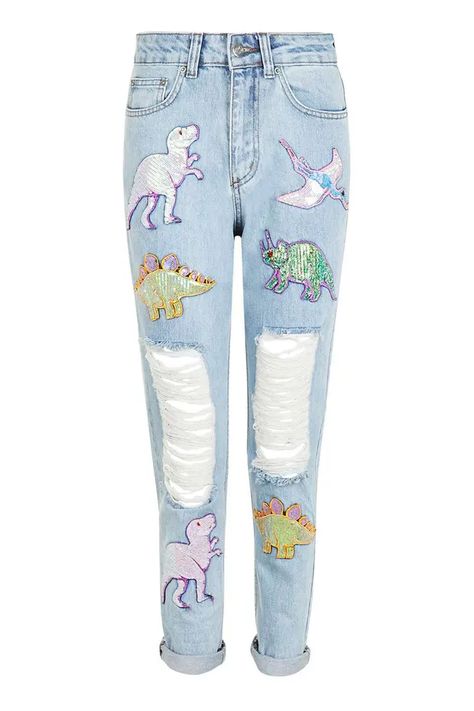 Dinosaur Fashion, Dinosaur Clothing, Unicorn Clothes, Diy Ripped Jeans, Dinosaur Jewelry, Sequin Jeans, Ripped Jeggings, Unicorn Fashion, Dinosaur Outfit