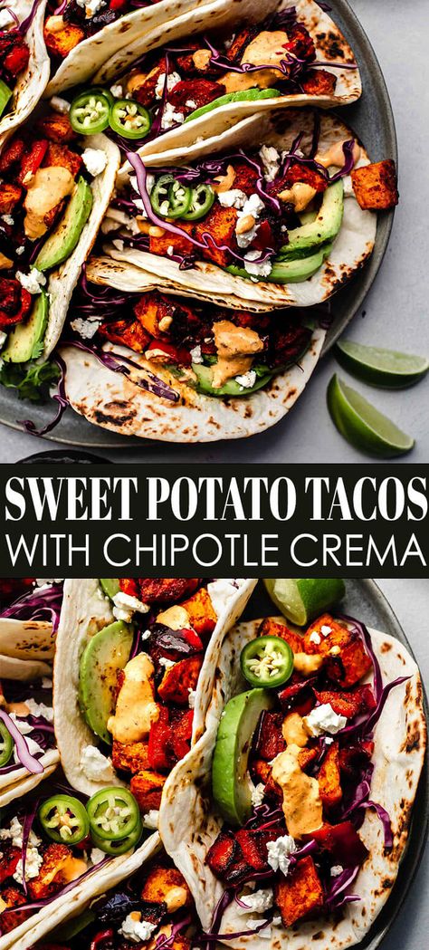 Sweet Potato Tacos topped with a zesty chipotle crema, are the best healthy, plant based way to enjoy a vegetarian taco night! Sweet Potato Tacos Recipes, Tacos Sweet Potato, Healthy Potato Leek Soup, Mexican Sweet Potato, Vegan Fajitas, Vegetarian Taco, Healthy Taco, Chickpea Tacos, Chipotle Crema