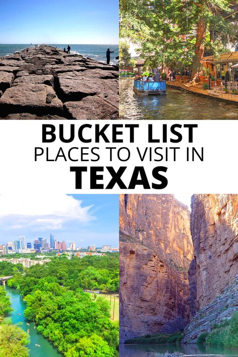 Bucket list places to visit in Texas, including Port Aransas, San Antonio, Austin, and Big Bend National Park. Things To See In Texas, Best Places To Visit In Texas, Texas Bucket List Places To Visit, Texas Must See Places, Places To Travel In Texas, Weekend Trips In Texas, Texas Vacation Ideas, Texas Day Trips, Places To Go In Texas