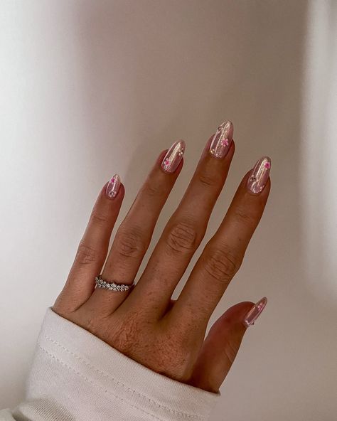 Pink Chrome Flower Nails, Cherry Blossom Nails, Hailey Bieber Style, Pink Chrome, Gem Nails, Hailey Bieber, Chrome Nails, Flower Nails, Wedding Nails