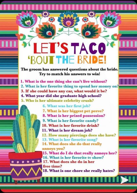 Nacho Wedding Shower Ideas, Taco Bout Love Bridal Shower Games, Mexican Bridal Shower Games, Engagement Party Fiesta Theme, Mexican Themed Hens Party, Mexican Fiesta Bachelorette Party, Mexico Bridal Shower Ideas, Mexican Themed Bachelorette Party, Mexican Bachelorette Party Ideas