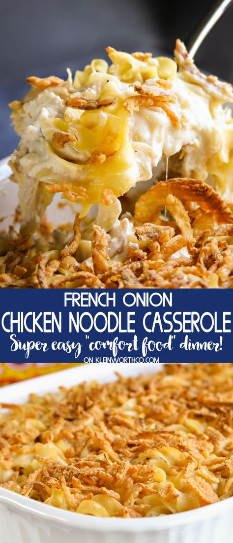 French Onion Chicken Noodle Casserole is an easy family dinner idea that everyone loves. Simple to make with rotisserie chicken & egg noodles. Delicious! Chicken Egg Noodles, Make With Rotisserie Chicken, French Onion Casserole, Chicken And Egg Noodles, Easy Comfort Food Dinners, Egg Noodle Recipes, Easy Family Dinner, Chicken Noodle Casserole, French Onion Chicken