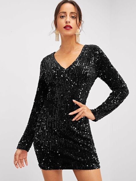 Solid Sequin Bodycon Dress -SheIn(Sheinside) Sequin Shirt Dress, Green Sequin Dress, Long Sleeve Sequin Dress, Sequence Dress, Fabric Ideas, Sequin Shirt, Sequin Bodycon Dress, Long Sleeve Sequin, فستان سهرة