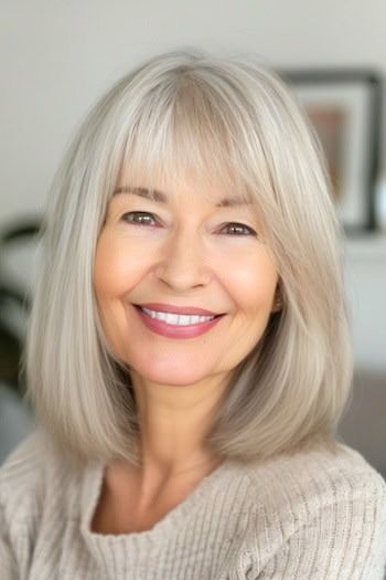 31 Youthful Medium-Length Hairstyles For Women Over 70 To Try - The Hairstyle Edit What To Do With Shoulder Length Hair, Classic Long Bob, Bob With Wispy Bangs, Kelly Hair, Ash Balayage, Medium Length Hairstyle, Grey Hair With Bangs, Bang Hair, Medium Length Hair Straight