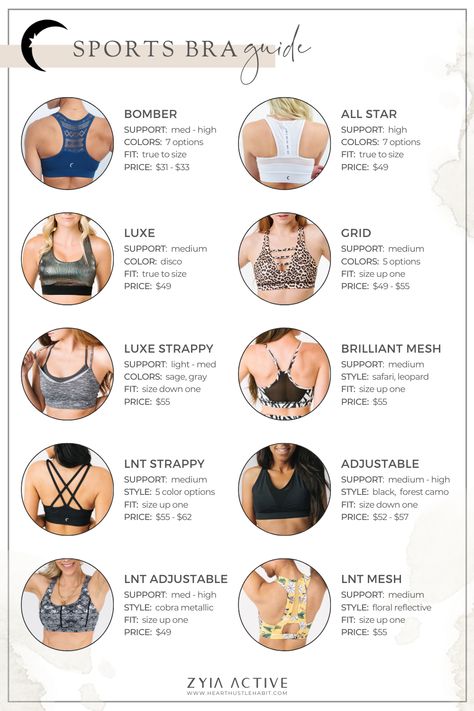 ZYIΛ ΛCTIVE ≫ Sports Bra Guide Zyia Bra Size Guide, Zyia Size Guide, Types Of Bra For Women, Bra Style Guide, Types Of Inner Wear For Women, Bra Types For Dresses, Types Of Bras Style, Bra Styles Ideas, Type Of Bra To Wear