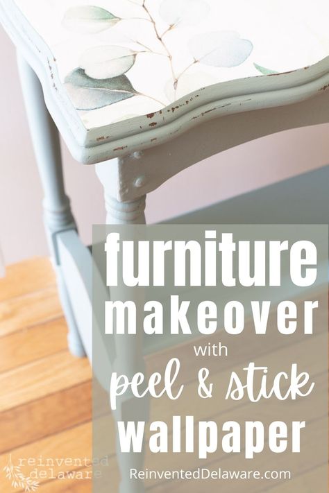 Are you looking for an easy end table makeover idea? You will love this idea that uses a surprise for the tabletop! End Table Top Ideas, Tabletop Makeover Diy, Refurbish End Table Ideas, Painted Tabletop Ideas, Repainted Side Table, Wallpaper On Furniture Ideas, Tabletop Painting Ideas Diy, Outdoor End Table Ideas, Using Wallpaper On Furniture