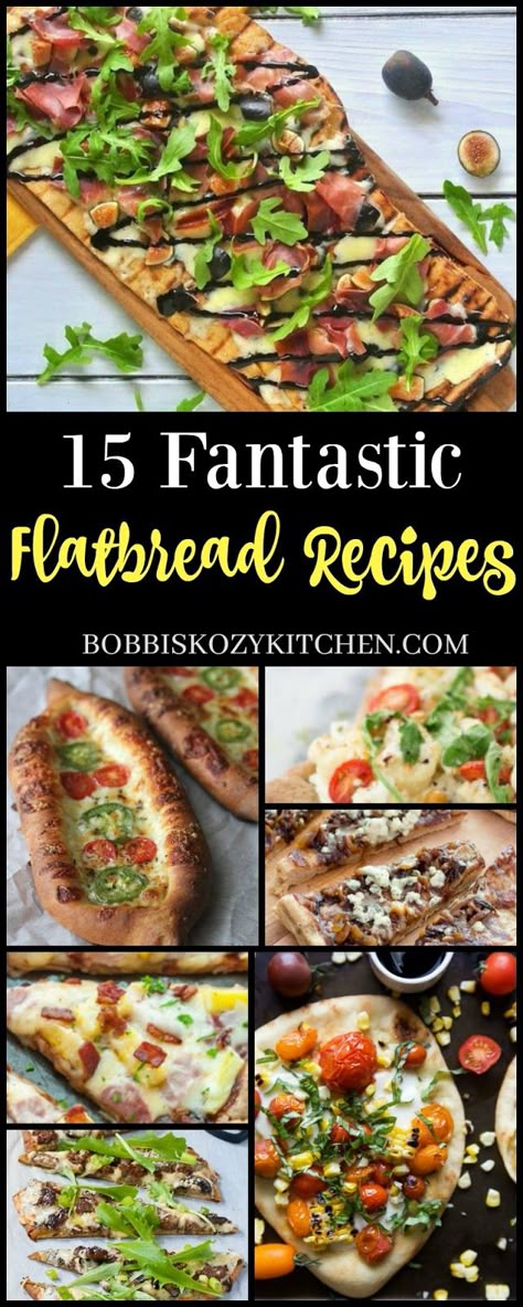 15 Fantastic Flatbread Recipes from www.bobbiskozykitchen.com Flatbread Pizza Recipes Healthy, Flatbread Dinner, Healthy Flatbread Recipes, Pizza Topping Ideas, Flatbread Appetizers, Flatbread Toppings, Healthy Flatbread, Easy Flatbread Recipes, Flatbread Pizza Recipes