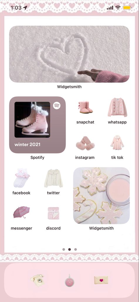 Pink Homescreen Wallpaper Aesthetic, Winter Theme Homescreen, Iphone Home Screen Layout Aesthetic Winter, Pink Winter Homescreen, Soft Pink Phone Theme, Cute Pink Winter Wallpaper, Coquette Winter Aesthetic Wallpaper, Cute Pink Homescreen Ideas, Pink Christmas Iphone Layout