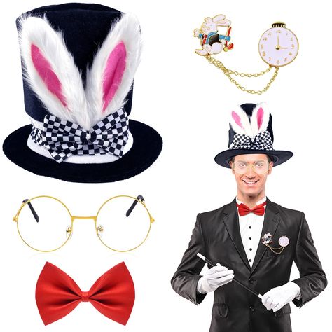 PRICES MAY VARY. Elastic closure Dry Clean Only 🐰[Package includes] Cute white rabbit costume set includes rabbit ear hat, classic red bow tie, gold frame glasses, white rabbit and clock pin, suitable for Easter parties, celebrations and masquerades, and can be matched with various styles of dressing. 🐇[High quality] The rabbit ears on the top hat are made of high-grade plush, with good texture and feel, non-toxic, tasteless, and will not fall off and will not fade. The hat is made of velvet f Hat With Bunny Ears, White Rabbit Costume, White Rabbit Costumes, Easter Accessories, Top Hat Costume, Rabbit Halloween, Halloween Party Accessories, Mad Hatter Costume, Easter Costume