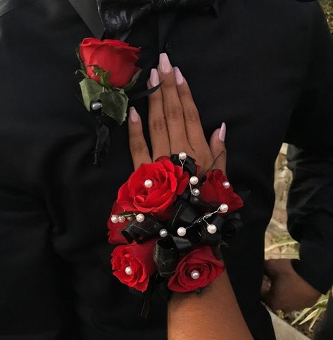 Red Corsage Prom, Red Prom Corsage, Black And Red Prom Suits, Black And Red Tux, Prom Corsage Red, Black And Red Prom, Red Prom Suit, Black Prom Suits, Red Corsages