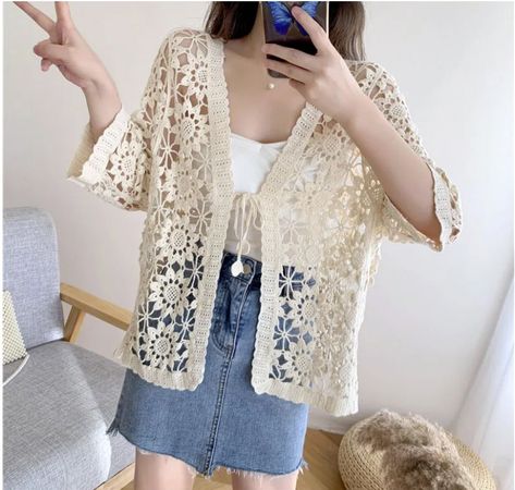 Crochet Lace Cardigan, Vintage Lace Blouses, Beach Sunscreen, Women Lace Blouse, Korean Fashion Summer, Lace Cardigan, Cotton Cardigan, Summer Knitting, Women Sleeve