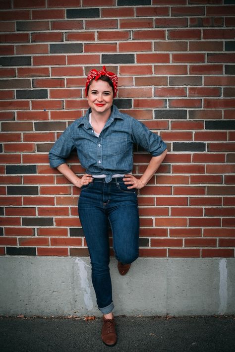 Five #feminist #halloween costumes you can make for practically nothing! #halloweencostumes #costumes Feminist Outfits, Rosie The Riveter Halloween Costume, Rosie The Riveter Halloween, Feminist Halloween Costumes, Rosie The Riveter Costume, Halloween Costumes You Can Make, Costumes For Work, Easy Halloween Costumes For Women, Mom Costumes