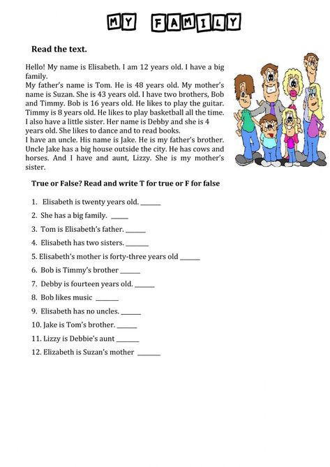 Text For Reading For Kids, Family Relationships Worksheets, Family Members For Kids, Family Members Worksheet, My Family Worksheet, English Games For Kids, Family Text, Family Exercise, Reading Comprehension For Kids