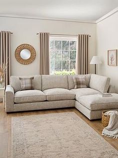 Corner Sofas Uk, Light Brown Corner Sofa, Neutral Corner Sofa Living Room, Beige Corner Sofa Living Rooms, Corner Sofa Rug, Greige Living Room Decor Inspiration, Sofa Chaise Living Room Ideas, Corner Sofas Ideas Living Room, Light Grey Couch Living Room Ideas