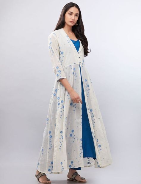 Khadi-silk kurti with fine prints. डिजाइनर कपड़े, Embroidered Cape, Designer Anarkali Dresses, Silk Kurti, Kurti Designs Latest, Indian Look, Indian Saree Blouses Designs, Long Overcoat, Cotton Kurti Designs