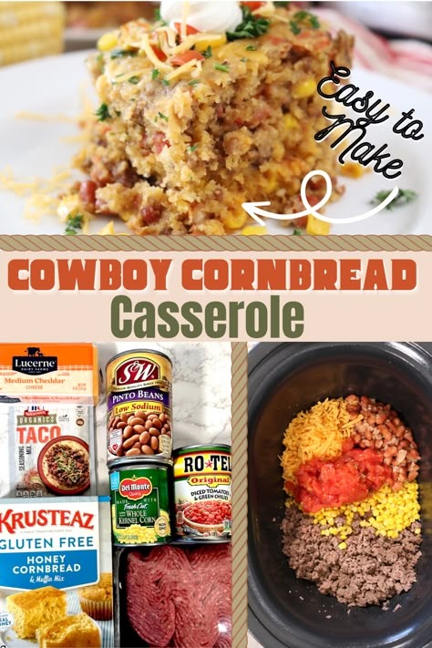 Crockpot Mexican Cornbread, Chili Hotdogs Cornbread Casserole, Crockpot Ground Beef Recipes Mexican, Cornbread Crockpot Recipes, Dinner Recipes With Cornbread, Dinner With Cornbread Side, Crockpot Loaded Cornbread, Cowboy Cornbread Casserole Crockpot, Crockpot Meals Hamburger Meat