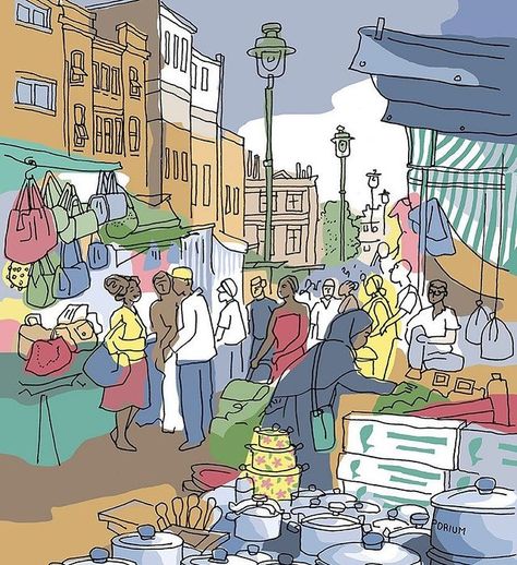 Local Market Drawing, Market Scene Drawing In Perspective, Market Art Drawing, Market Scene Sketch, Market Scene Drawing, Village Market Scene Drawing, Market Drawing Sketches, Market Scene Drawing Easy, Pencil Sketches Architecture