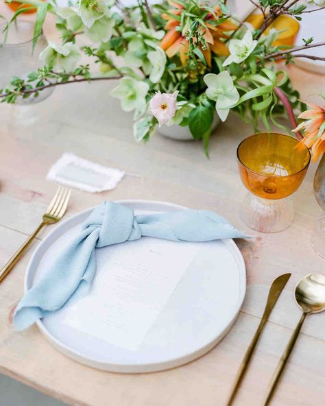 knot napkin fold Orange Glassware, Wedding Napkin Folding, Blue Wedding Ideas, Nontraditional Engagement Rings, White Chapel, Wedding Napkin, Blue Napkins, Blue Wedding Shoes, Themed Weddings