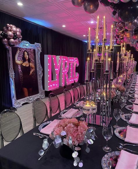 25th Birthday Dinner Ideas, 18th Birthday Party Set Up, Big 21st Birthday Party Ideas, Birthday Party Black Women, Black And Pink Birthday Theme Sweet 16, Bougie Sweet 16 Party Ideas, 21st Dinner Party Ideas, Themes For 16th Birthday Party, Designer Themed Party