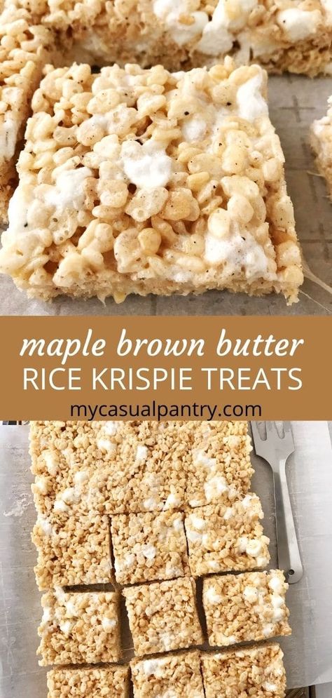 These classic bars start with the best recipe for the ultimate marshmallow treat: chewy, gooey, and buttery. Layer in brown butter and maple extract for a wonderful fall-inspired version. These are a must make! | mycasualpantry.com #marshmallowtreats #ricekrispie #sweets #marshmallowbars #easyrecipes #nobake #marshmallows #cerealbars Brown Butter Rice Krispie Treats, Brown Butter Rice, Dessert Bars Recipes Easy, Maple Extract, Rice Treats, Krispie Treats Recipe, Maple Brown, Rice Krispies Treats, Krispy Treats