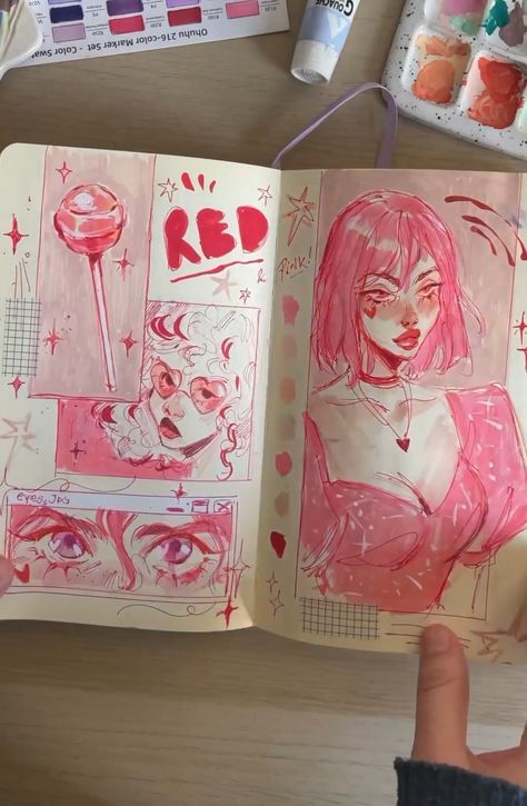 Pink Sketchbook Page, Skchetbook Ideas Art, Gretel Lusky Sketbook, Sketchbook Marker Drawings, Sketch Book Ideas Aesthetic Colourful, Character Sketch Page, Sketchbook Art Inspiration Full Page, Sketchbook Spreads Aesthetic, Alchohal Marker Art