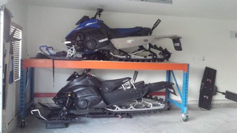 Snowmobile Storage Rack, Snowmobile Gear Storage, Snowmobile Storage, Snowmobile Lift, Atv Storage, Beach Garage, Electric Winch, Mobile Storage, Build Something