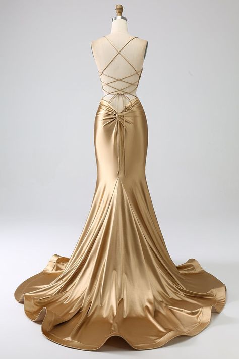 Gold Silk Wedding Gown, Gold Matron Of Honor Dress, Gold Ethereal Dress, X Back Dress, Prom Dresses Tie Back, Greek God Prom Dress, Elegant Prom Dresses Gold, Long Gold Dress Formal, Greek Prom Theme Dress