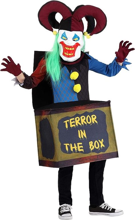 Amazon.com: Fun Costumes Haunted Jack in the Box Costume | Kids Jack In The Box Costume, Clown Jack In The Box Costume for Children : Clothing, Shoes & Jewelry Jack In The Box Costume, Jack In The Box Clown, Box Puppet, Costume Clown, Pop Goes The Weasel, Box Costumes, Fun Costumes, Black Color Scheme, Evil Clowns