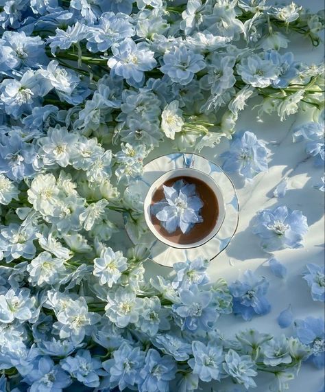 Blue Teacup Aesthetic, Cece Aesthetic, Celeste Core, Relaxing Photography, Blue Tea, Pastel Wallpaper, Aesthetic Backgrounds, Coffee Time, Blue Flowers