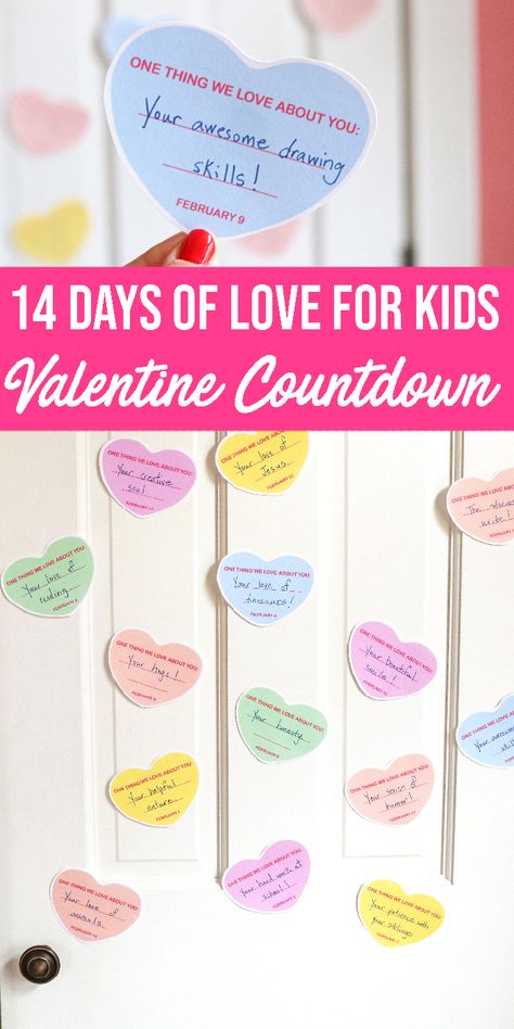 14 days of what you love about your child are what you get with this Valentine's Day Door Idea for kids! This free printable Valentine's Day door hearts is such a fantastic way to encourage and uplift your child! #diy #Printable #whatiloveaboutyou #forkids #ideas #whatIlike #printablesforkids #free #valentinesdayideas Valentines Day Gifts For Him Creative, Diy Hearts, Valentines Day Cards Diy, Family Valentines Day, Valentine's Day Crafts, Valentinstag Party, Valentine Messages, Valentine Gifts For Kids, Valentine's Day Crafts For Kids