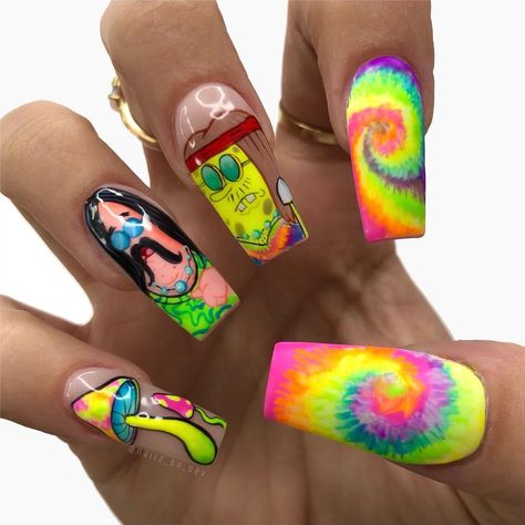 Trippy Eye Nails, Trippy Spongebob, Nails Meme, Rasta Nails, Spongebob Nails, Disney Acrylic Nails, Hippie Nails, Colorful Nails, Grunge Nails