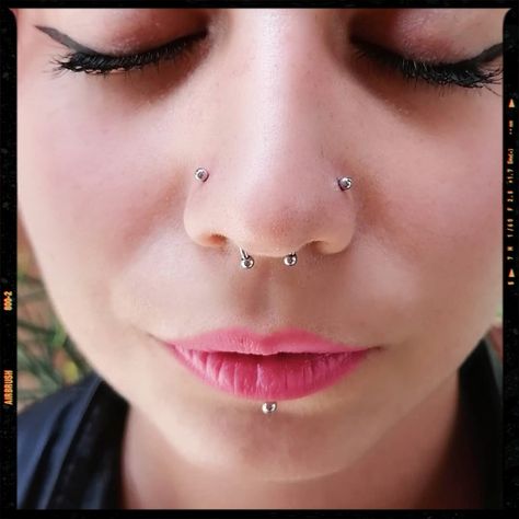 Piercing - Nostril Piercing - Septum Piercing - Labret Piercing Both Nostrils Pierced With Septum, Two Nostril Piercing, Nostril And Septum Piercing Together, Symmetrical Piercings, Piercings Idea, Two Nose Piercings, Irl References, Piercing Inspiration, App Filter