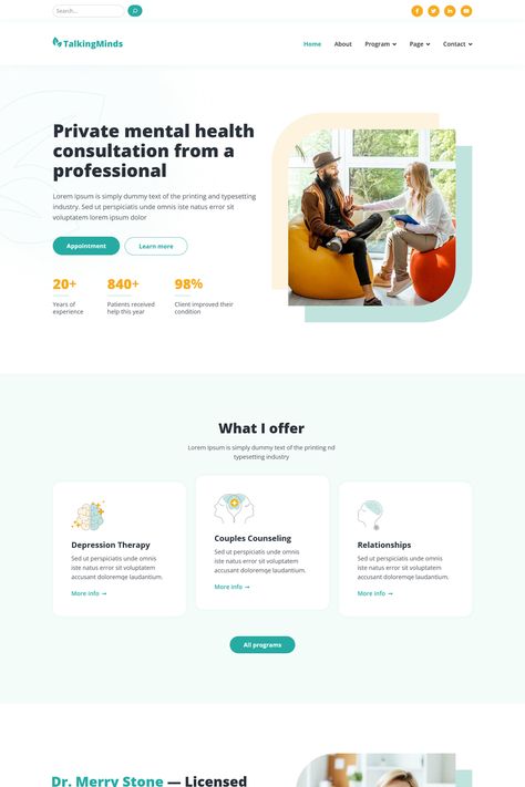 Talking Minds is a WordPress theme designed specifically for psychotherapists, mental health specialists, and personal coaches. Psychology Website Design, Mental Health Website Design, Health Website Design, Mental Health Website, Psychology Website, One Pager Design, Therapy Website Design, Healthcare Website, Health Website