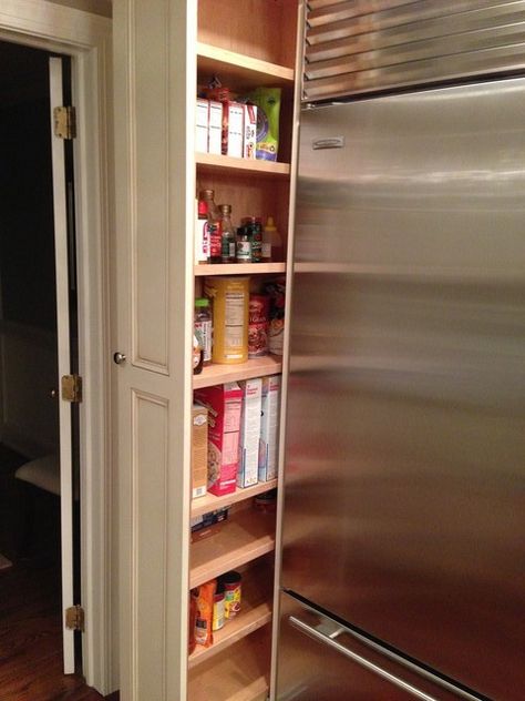 Pull Out Cabinet Next To Refrigerator, Narrow Pantry Next To Refrigerator, Pull Out Fridge Cabinet, Pantry Pullout, Traditional Pantry, Pullout Cabinet, Narrow Cabinet Kitchen, Pull Out Pantry Shelves, Narrow Pantry