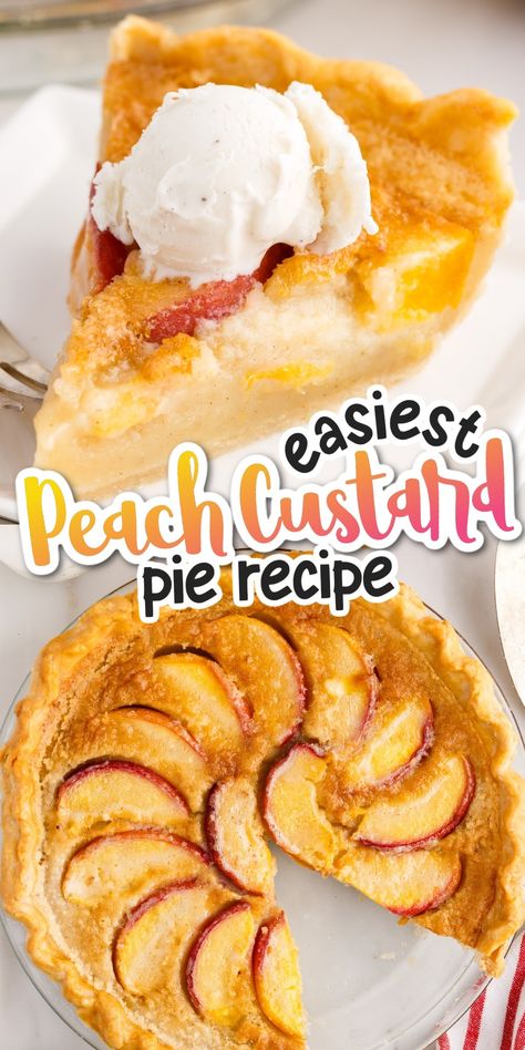 This creamy peach custard pie is the best way to celebrate peach season! Prep work is minimal and it's ready in just 45 minutes, making it one of our favorite summer desserts. Each bite is filled with sweet custard, a buttery crust, and juicy peaches. Open Face Peach Pie, Peach Custard Pie Recipes, Peach Custard Pie, Peach Custard Pies, Peach Custard, Mini Pumpkin Pies Recipe, Chocolate Cherry Pie, Wine Slushie Recipe, Sweet Custard