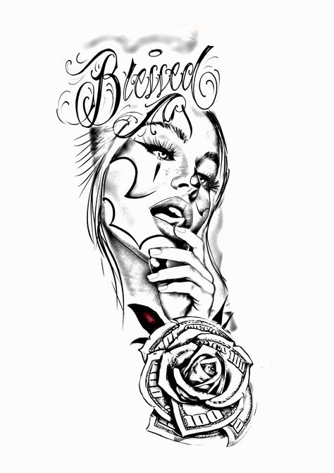 Chicana Sleeve Tattoo, Chola Style Tattoo, Chicana Tattoo Ideas, Sleeve Tattoos For Women Stencil, Mens Tattoo Stencils, Chicano Tattoo Design Ideas, Chicana Tattoo Design, Chicano Tattoo Design, Tattoo Font For Men