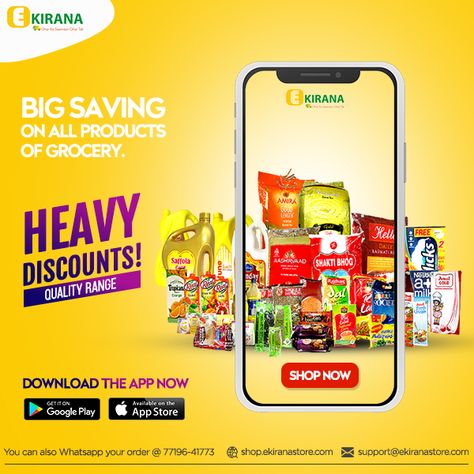 For the Heavy discounts, Download the Ekirana App Now.  WhatsApp your order at 91-7719641773 and we will deliver at your home within 59 minutes. Download Ekirana App: https://play.google.com/store/apps/details… Website: http://shop.ekiranastore.com/ Contact Number: 91-7719641773 Email: support@ekiranastore.com #ekiranastore #groceryshopping #grocery #personalcare #babycare #foodgrain #beverages #kirana #zirakpur #Mohali #kharar #chandigarh #panchkula #healthcare #medicines #bestdeals Supermarket Advertising Design, Delivery App Poster Design, Download The App Ads, Download App Poster, Mobile Advertising Design, Grocery Store Ads, Grocery Ads, Poster Design Layout, Social Media Branding Design