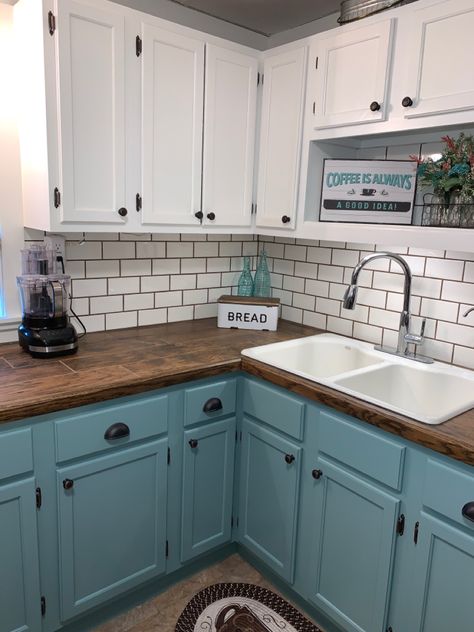 Light Teal Cabinets Kitchen, Colored Kitchen Cabinets Farmhouse, Diy Kitchen Remodel Farmhouse, Teal Accent Kitchen, Teal Cabinets Butcher Block Counter, Rustic Farmhouse Kitchen Cabinet Color Ideas, Cabnit Remodel, Teal Lower Kitchen Cabinets, Rustic Teal Kitchen