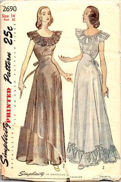 Feminine Nightgown, 1940s Nightgown, Sleep Ware, 1940 Fashion, Nightgown Pattern, Pattern Grading, Vintage Dresses 50s, 20th Century Fashion, Vintage Dress Patterns