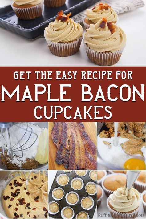 Maple Bacon Cupcakes | You are not going to believe how fabulous the flavors come together for these maple bacon cupcakes. They're simple, unique and definitely a worthy experience. | Follow RufflesAndRainBoots.com to see more cupcake recipes! Bacon Cupcakes Recipe, Gourmet Cupcake Recipes, Fall Bake Sale, Maple Bacon Cupcakes, Bacon Cupcakes, Specialty Cupcakes, Unique Cupcakes, Easy Cupcake Recipes, Gourmet Cupcakes