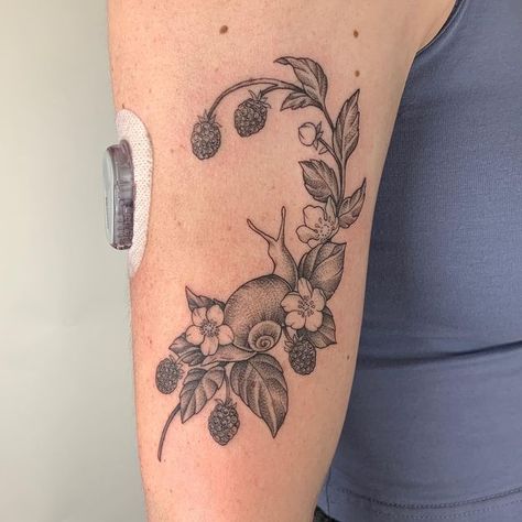 Snails Tattoo, Whimsical Tattoo Filler, Matching Snail Tattoo, Snail Flower Tattoo, Mushroom Snail Tattoo, Berry Branch Tattoo, Snail Tattoo Design, Mushroom And Snail Tattoo, Snail And Mushroom Tattoo