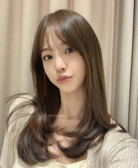 Asian Wispy Bangs Medium Hair, Hime Bangs Long Hair, Wispy Bangs And Long Hair, Curtain Bangs With Front Bangs, Shin Ha Ri Hairstyle, Haircuts For Big Cheeks, Cute Long Haircuts With Bangs, Medium Short Layered Haircuts With Bangs, Face Framing With Bangs