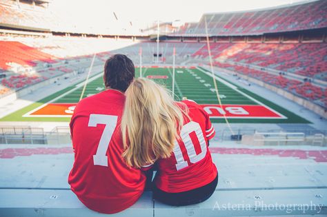 columbus ohio engagement photography / columbus ohio wedding photography / columbus ohio wedding photographers / engagement pictures / osu / ohio state / stadium pictures / ohio stadium / sports engagement pictures / football engagement pictures / engagement picture ideas www.asteriaphoto.com www.facebook.com/asteriaphotography Football Stadium Couple Pictures, Engagement Photos Football, Football Stadium Engagement Photos, Football Stadium Photoshoot, Sports Engagement Photos, Football Engagement Pictures, Photoshoot Ideas Engagement, Football Portraits, Ohio Pictures