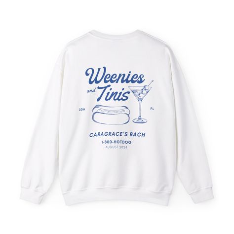 Custom Weenies and Tinis Bachelorette Sweatshirts, Personalized Bach Party Hotdog Martini Crewnecks, Weenies and Martinis Theme Crewnecks by BeyondTheVowsCo on Etsy Tinis And Weenies Bachelorette Party, Tinis And Weenies Party Outfit, Beanies And Martinis Bachelorette, Martinis And Weenies Party, Beanie Weenies, Bachelorette Sweatshirts, Dirty 30, Bach Party, Dog Party