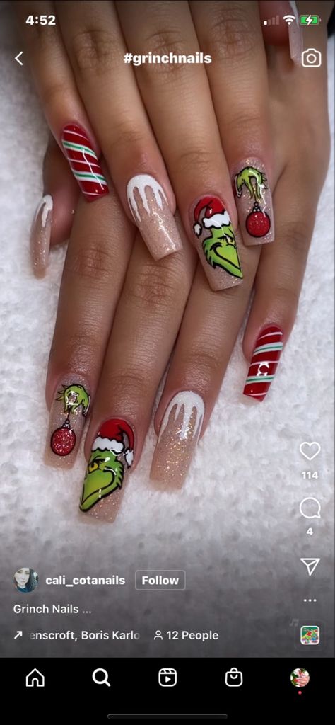 Xmas Nail Designs Square, Grinch Theme Nails Acrylic, The Grinch Acrylic Nails, Holiday Nails Grinch, Grinch Nails Acrylic Short, Xmas Nails Grinch, November Christmas Nails, Grinch Gel Nail Designs, Grinch Nails Designs Acrylic