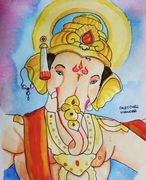 Chinchpoklila Chintamani Drawing Chintamani Ganpati, Ganpati Bappa Sketch, Bappa Sketch, Ganesh Art, Ganpati Bappa, Watercolor Painting, Watercolor Paintings, Sketch, On Instagram